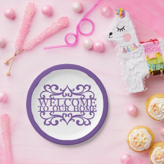 ようこそ私たちのホーム引用文パープルホワイトパーティー ペーパープレート (パーティー)