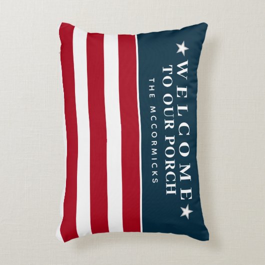 ようこそ私たちのポーチアメリカ国旗のファミリーモノグラム アクセントクッション (正面(垂直))