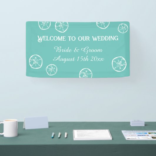 ようこそ私たちの砂ドルビーチ結婚式バナー 横断幕 (トレードショー)