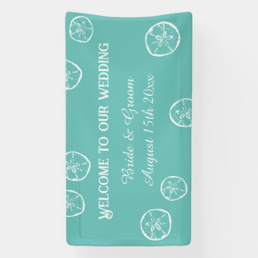 ようこそ私たちの砂ドルビーチ結婚式バナー 横断幕 (縦)