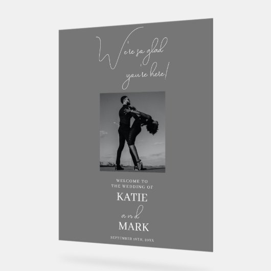 ようこそ私たちの結婚フォトバナー曇り黒 アクリルサイン (傾斜)