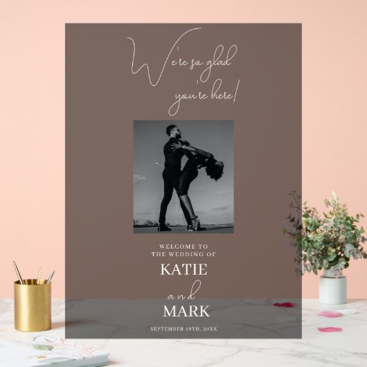 ようこそ私たちの結婚フォトバナー曇り黒 アクリルサイン (ウェディング)