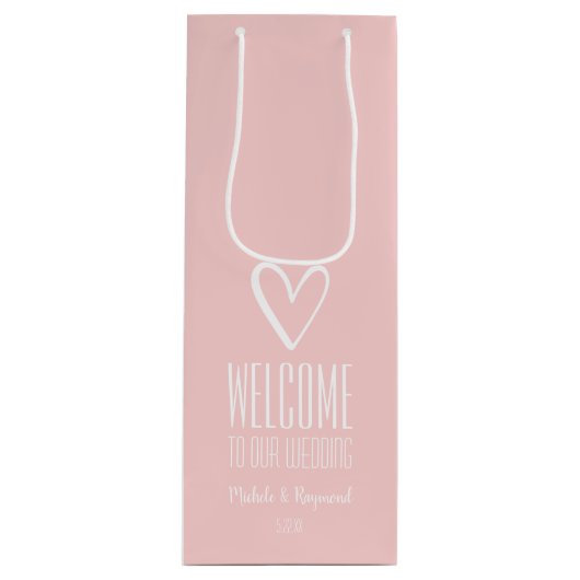 ようこそ私たちの結婚赤面ピンク ワインギフトバッグ (正面)