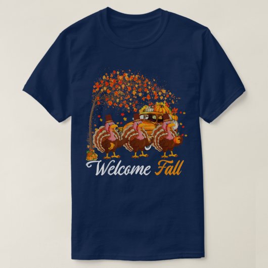 ようこそ秋の木3つの七面鳥とカボチャPi Tシャツ (デザイン正面)