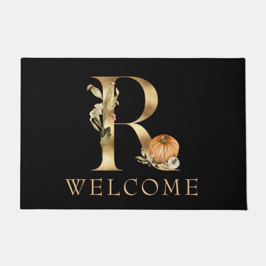 ようこそ秋モノグラムRとカボチャDoormat ドアマット (正面)