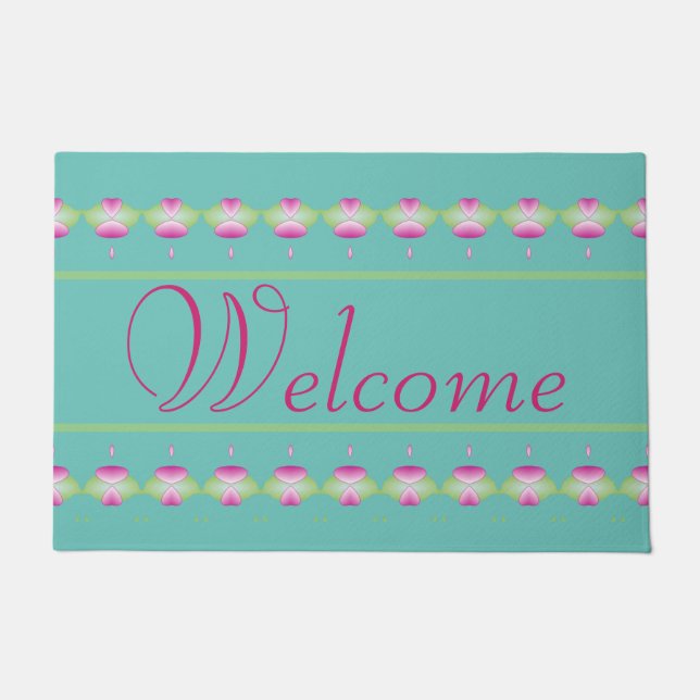 ようこそ素晴らしマットとハートパターンティール（緑がかった色） ドアマット (正面)