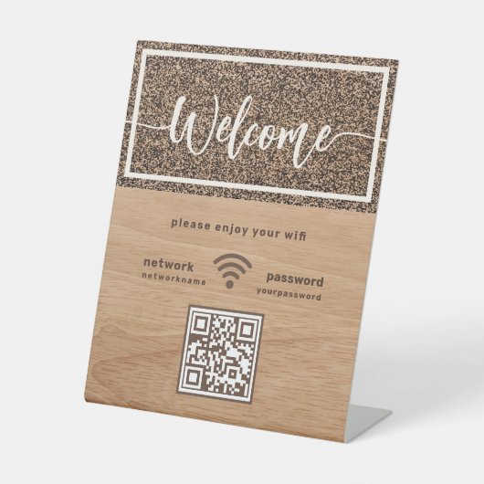 ようこそ素朴スクリプトWIFI QRコード木目 台座サイン (正面)
