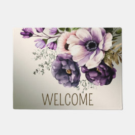 ようこそ紫色のピンクの花ゴールデンエレガント ドアマット