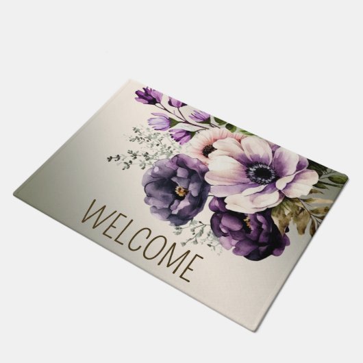 ようこそ紫色のピンクの花ゴールデンエレガント ドアマット (アングル)