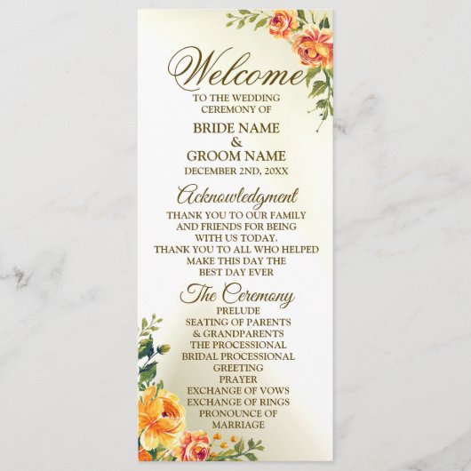 ようこそ結婚のオレンジ色の黄色の赤いフローラ緑 プログラム (正面)
