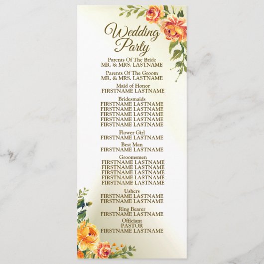 ようこそ結婚のオレンジ色の黄色の赤いフローラ緑 プログラム (裏面)