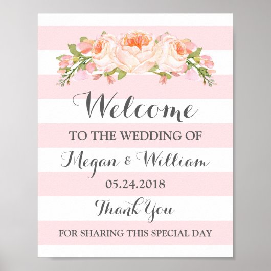 ようこそ結婚のサインピンクの花ストライプ類 ポスター (正面)