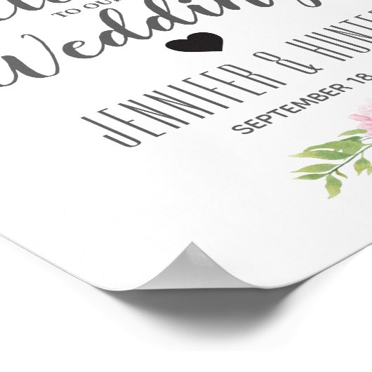 ようこそ結婚のサインピンク牡丹の水色の花 ポスター (角)