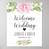 ようこそ結婚のサインピンク牡丹の水色の花 ポスター (正面)