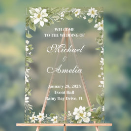 ようこそ結婚のサインホワイトオリーブグリーンボホフローラ アクリルサイン