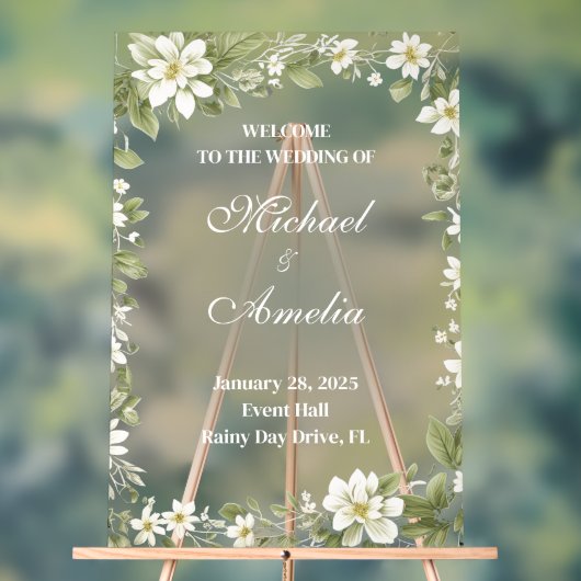 ようこそ結婚のサインホワイトオリーブグリーンボホフローラ アクリルサイン (ニュートラル)