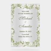 ようこそ結婚のサインボホホワイトオリーブグリーンフローラ アクリルサイン (正面)