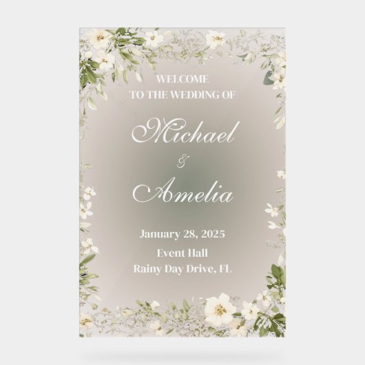 ようこそ結婚のサインボホ白い緑のオリーブフローラ アクリルサイン (正面)