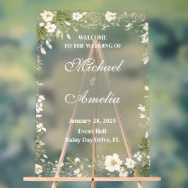 ようこそ結婚のサインボホ白い緑のオリーブフローラ アクリルサイン