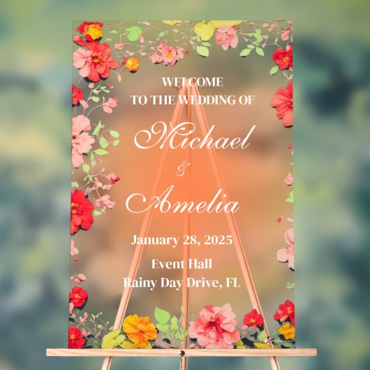 ようこそ結婚のサインレッドイエローオレンジピンクフローラ アクリルサイン (ニュートラル)