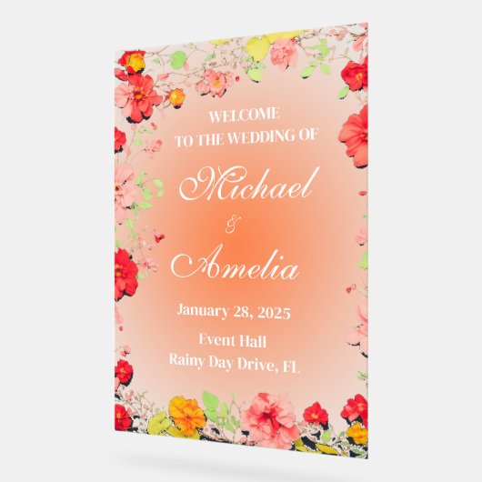 ようこそ結婚のサインレッドイエローオレンジピンクフローラ アクリルサイン (傾斜)