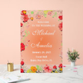 ようこそ結婚のサインレッドイエローオレンジピンクフローラ アクリルサイン (ウェディング)