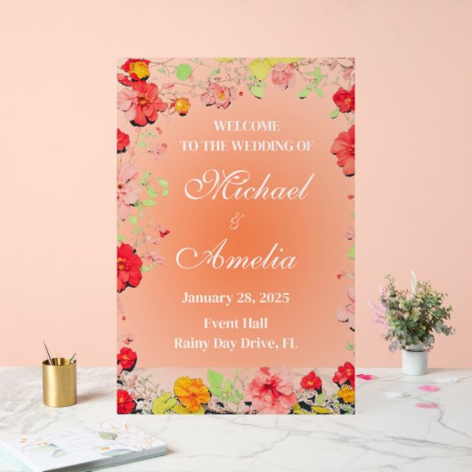 ようこそ結婚のサインレッドイエローオレンジピンクフローラ アクリルサイン