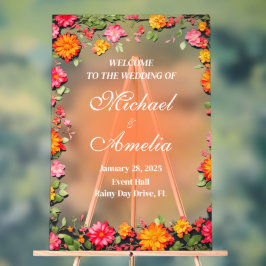 ようこそ結婚のサインレッドイエローオレンジフローラ アクリルサイン