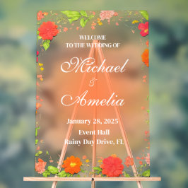 ようこそ結婚のサインレッドグリーンオレンジフローラボー アクリルサイン