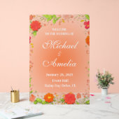 ようこそ結婚のサインレッドグリーンオレンジフローラボー アクリルサイン (ウェディング)