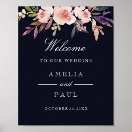 ようこそ結婚のサイン海軍ピンクの水の色の牡丹 ポスター