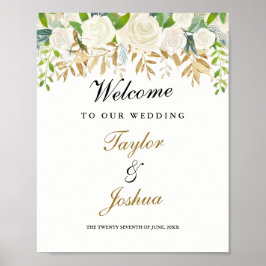 ようこそ結婚のサイン金ゴールドフローラリーフの水色 ポスター