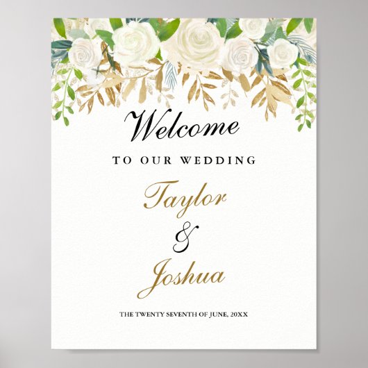 ようこそ結婚のサイン金ゴールドフローラリーフの水色 ポスター (正面)