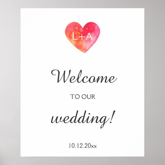 ようこそ結婚のサイン、水彩ハート、イニシャル ポスター (正面)