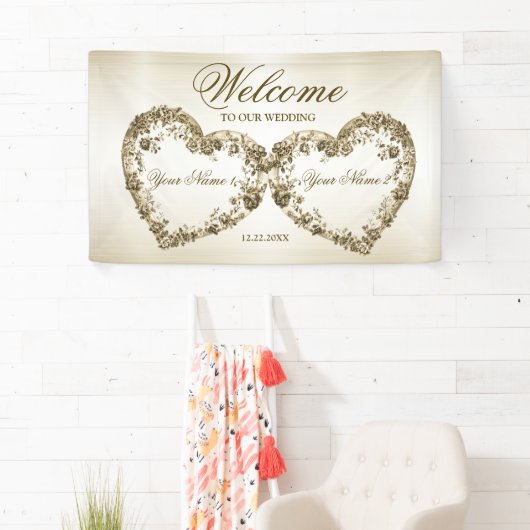 ようこそ結婚のフローラゴールデン華美ハートフレーム 横断幕 (インサイチュ)