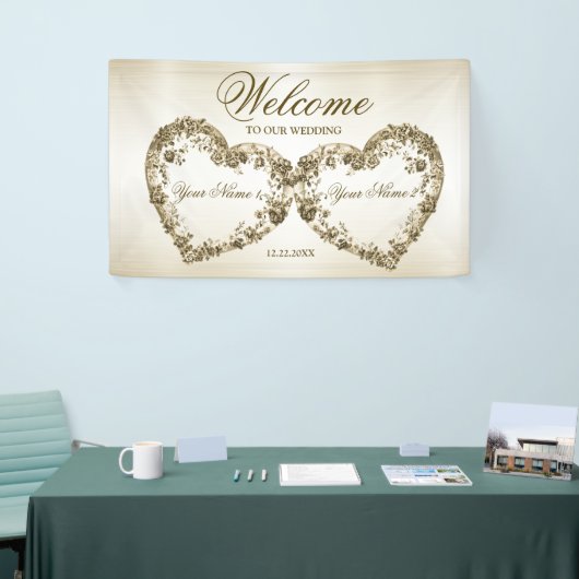 ようこそ結婚のフローラゴールデン華美ハートフレーム 横断幕 (トレードショー)