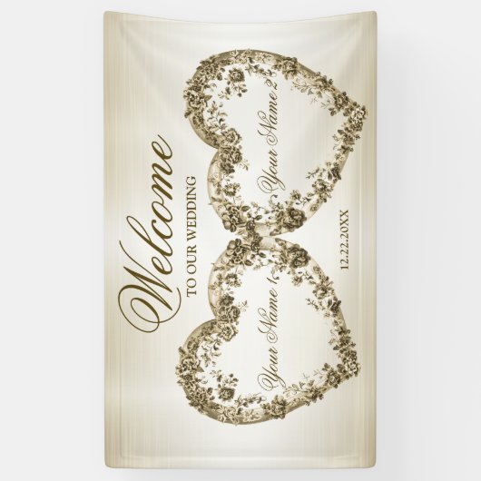 ようこそ結婚のフローラゴールデン華美ハートフレーム 横断幕 (縦)