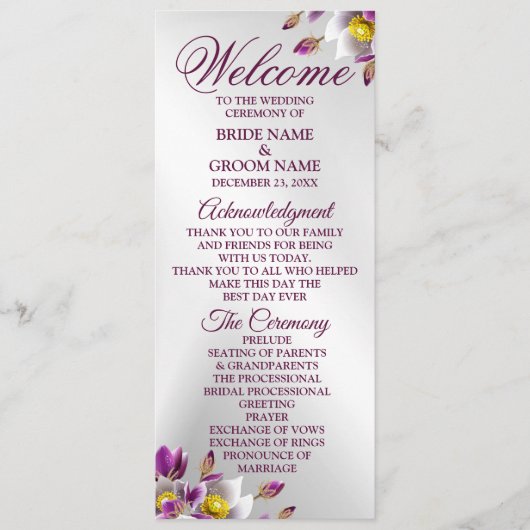 ようこそ結婚のフローラピンク紫シルバエレガント プログラム (正面)