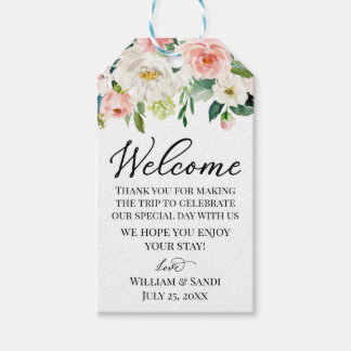 ようこそ結婚のラベル、赤面ピンクとアイボリーの花 ギフトタグ