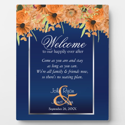 ようこそ結婚の座席 – オレンジ色の花/ネイビーブルー フォトプラーク (正面)
