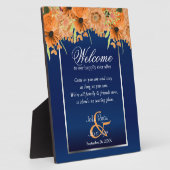 ようこそ結婚の座席 – オレンジ色の花/ネイビーブルー フォトプラーク (側面)
