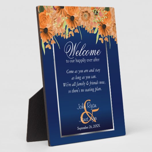 ようこそ結婚の座席 – オレンジ色の花/ネイビーブルー フォトプラーク (側面)