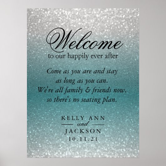 ようこそ結婚の座席 – ティール(緑がかった色)とシルバーのグリッター ポスター (正面)