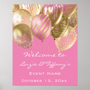 ようこそ結婚の誕生日ピンク金ゴールドバルーン ポスター