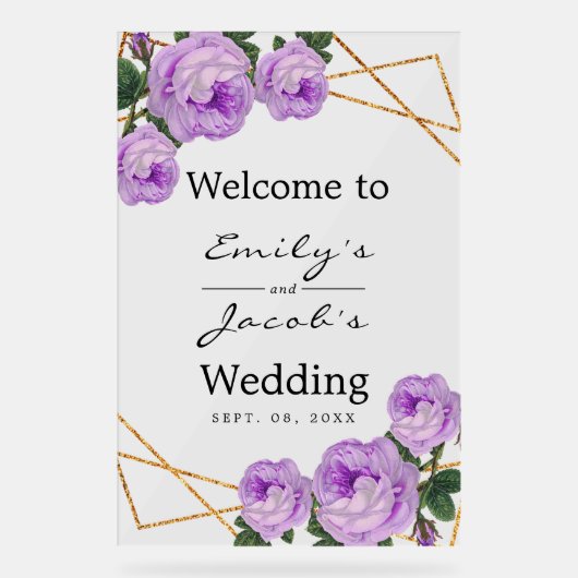 ようこそ結婚の金ゴールドグリッタージオパープルフローラ アクリルサイン (正面)