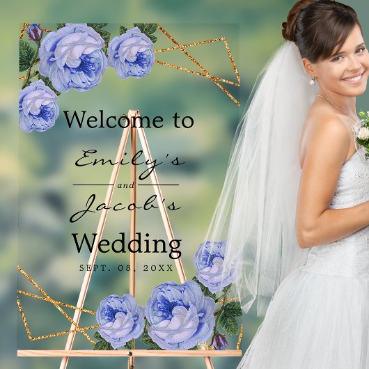 ようこそ結婚の金ゴールドグリッタージオブルーフローラ アクリルサイン