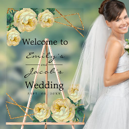 ようこそ結婚の金ゴールドグリッターGeo Yellowフローラ アクリルサイン