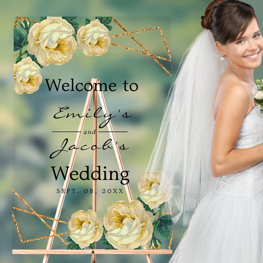 ようこそ結婚の金ゴールドグリッターGeo Yellowフローラ アクリルサイン