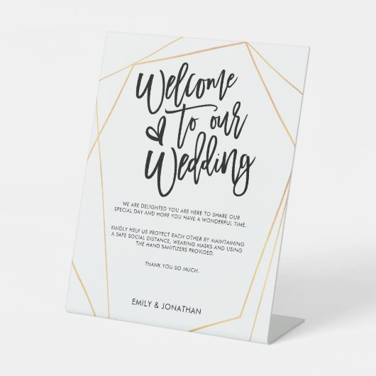 ようこそ結婚のCOVID安全スクリプト金ゴールド幾何学的 台座サイン (正面)