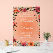 ようこそ結婚のSign boho赤い緑のオレンジ色のフローラ アクリルサイン (ウェディング)
